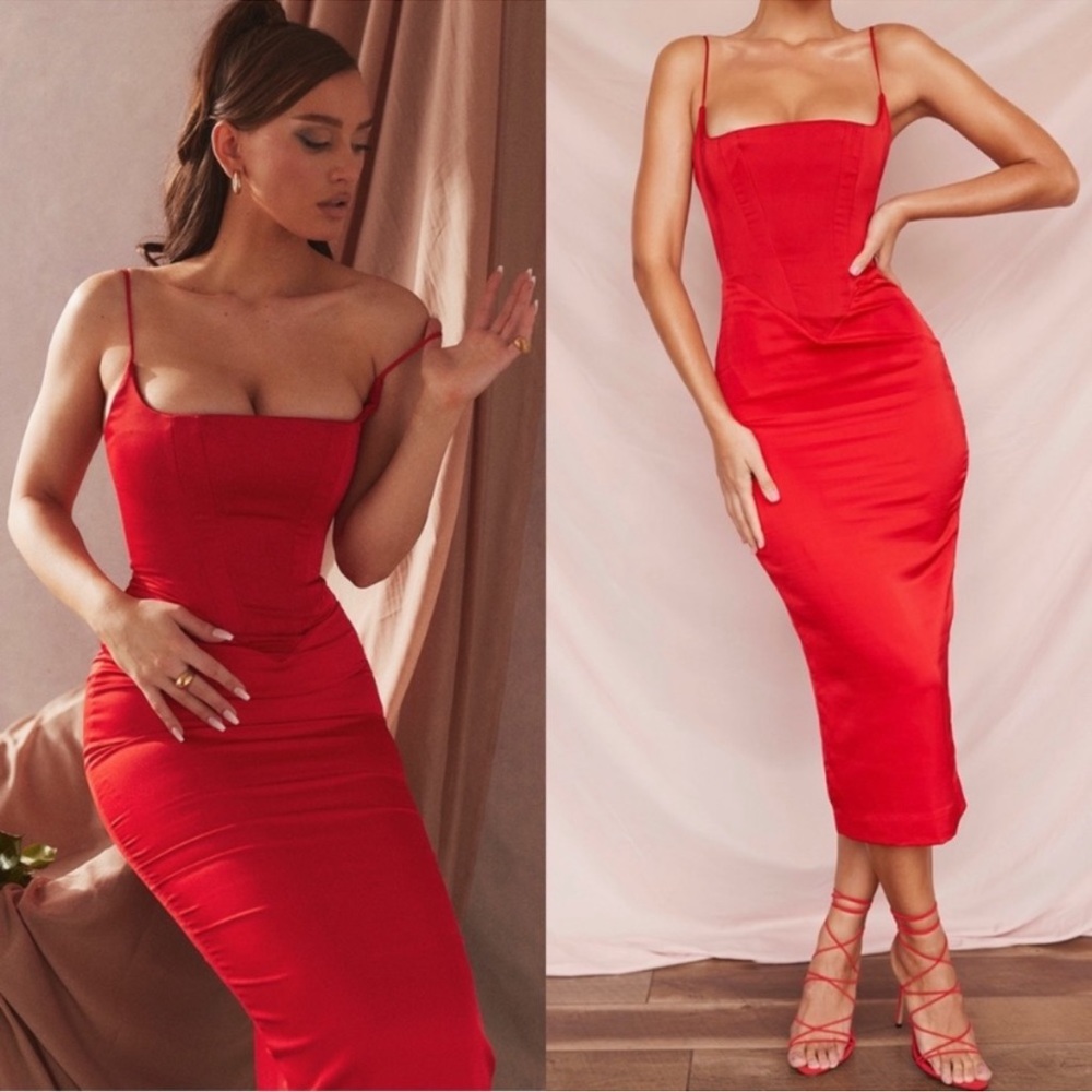 House of CB Anais Satin Corset Dress Red NWT